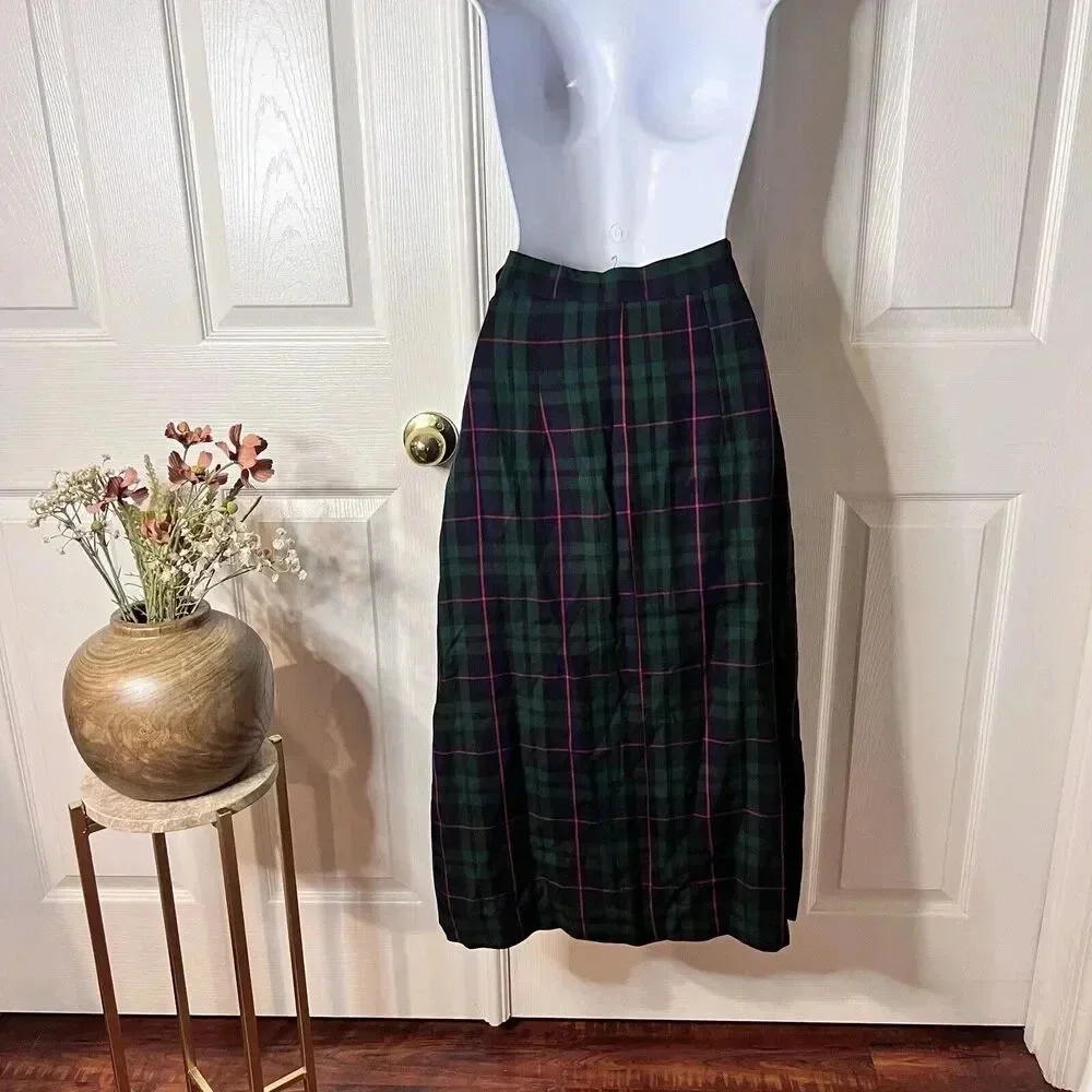 Vintage Blue Plaid‎ Handmade Pleated Skirt Waist 24 Academia Holiday Old Money